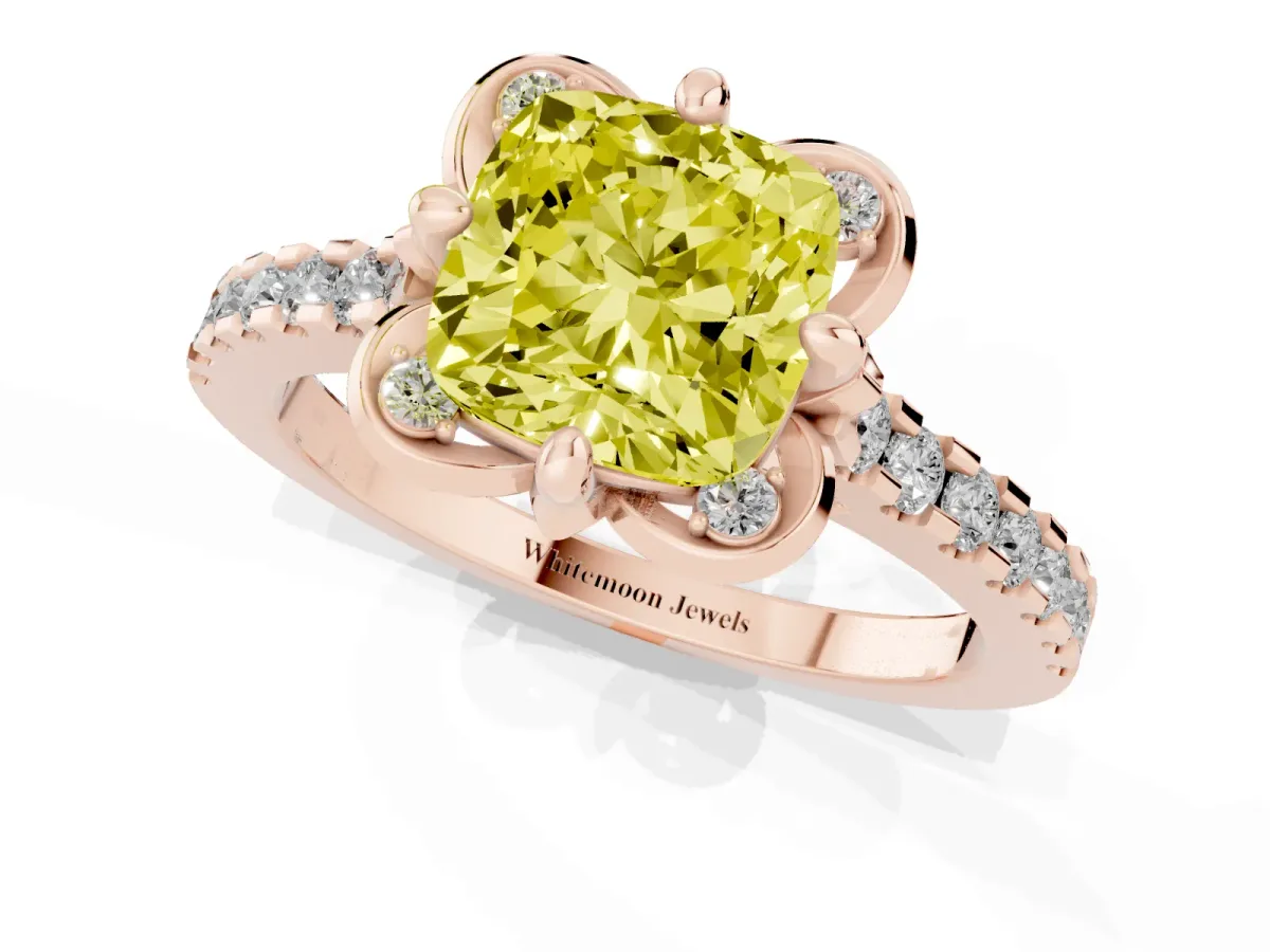 Fancy Yellow Cushion Cut Diamond Ring with Pavé Band and Floral Prong Setting Rose gold