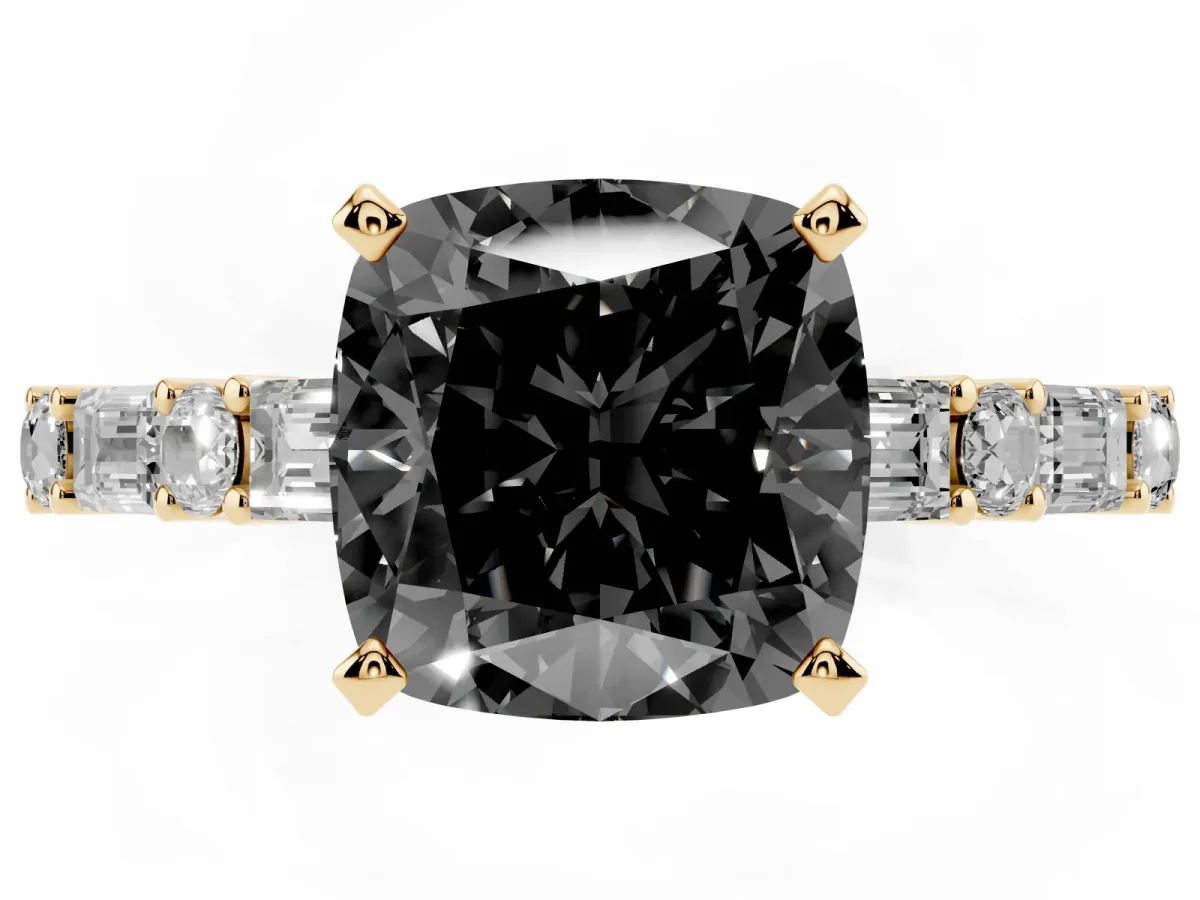 Fancy Black Cushion Cut Diamond Solitaire with Side Baguettes and Channel Set Band Yellow gold