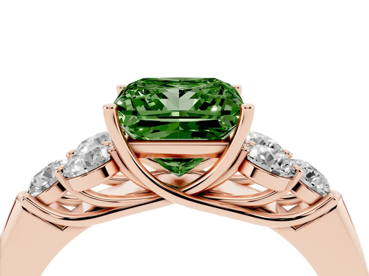 Fancy Green Princess Cut Cut Diamond Cluster Ring with Round Accent Stones and Prong Setting on a Classic Band Rose gold