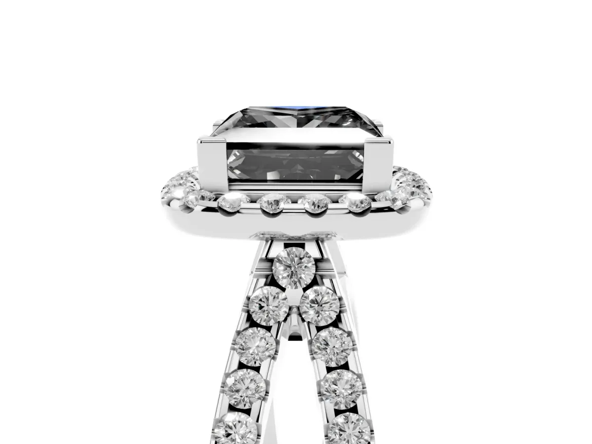 Fancy Black Princess Cut Diamond Halo Ring with Split Shank Pavé Band and Prong Setting Silver