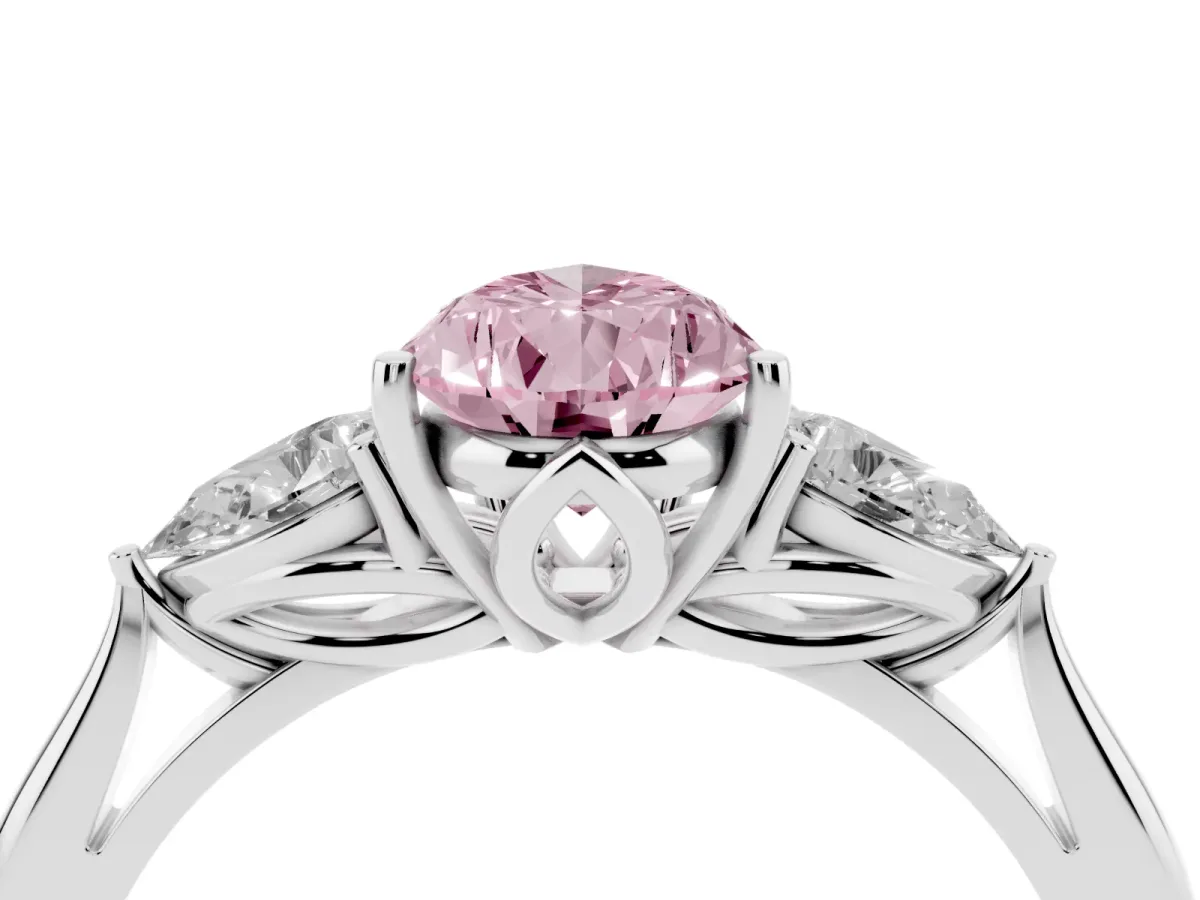 Fancy Pink Three-Stone Pear Cut Diamond Ring with Pear Side Stones in Four-Prong Setting Silver