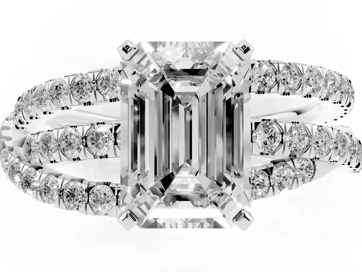 Emerald Cut Solitaire Twist Band with Pavé Setting and Four-Prong Setting Silver