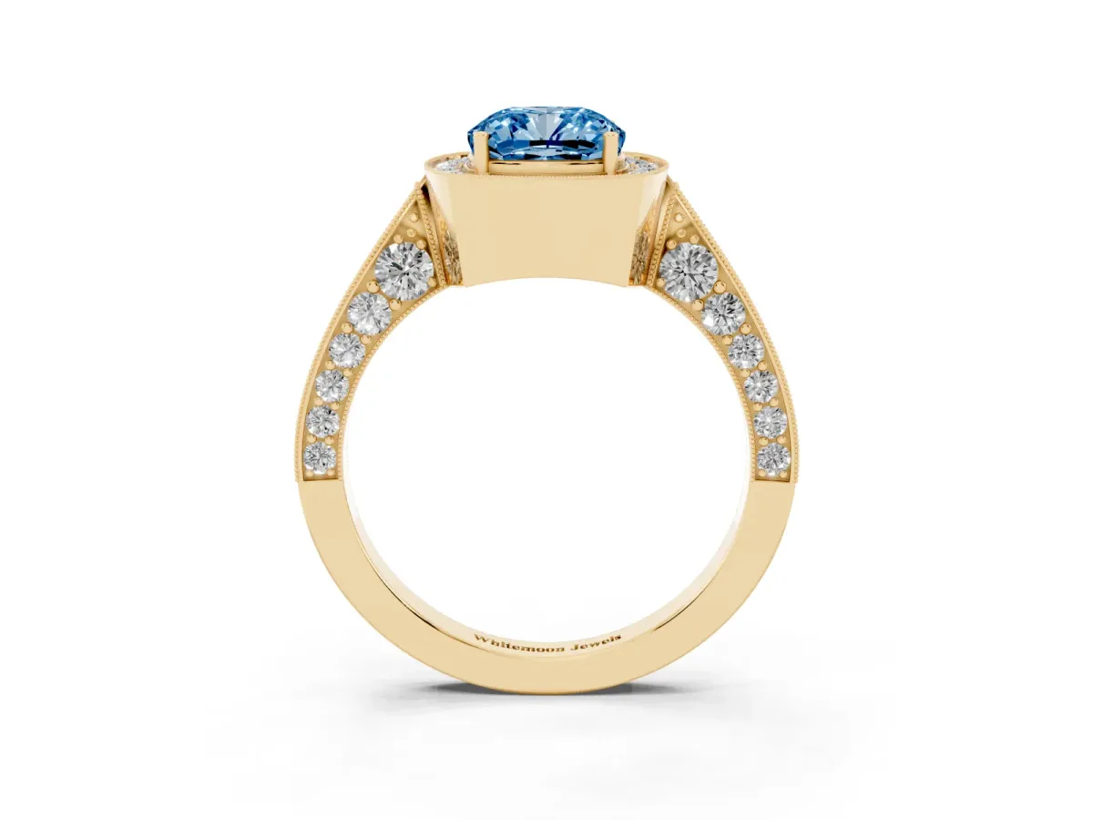Fancy Blue Cushion Cut Halo Diamond Engagement Ring with Split Shank Band and Four-Prong Setting Yellow gold
