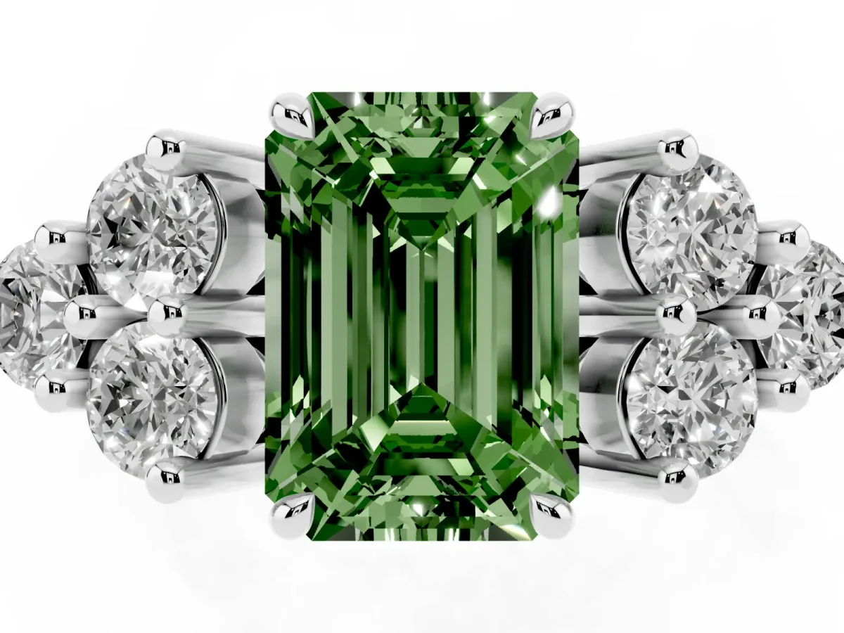 Fancy Green Emerald Cut Brilliant Diamond Cluster Accent Solitaire Ring with Prong Setting Platinum
