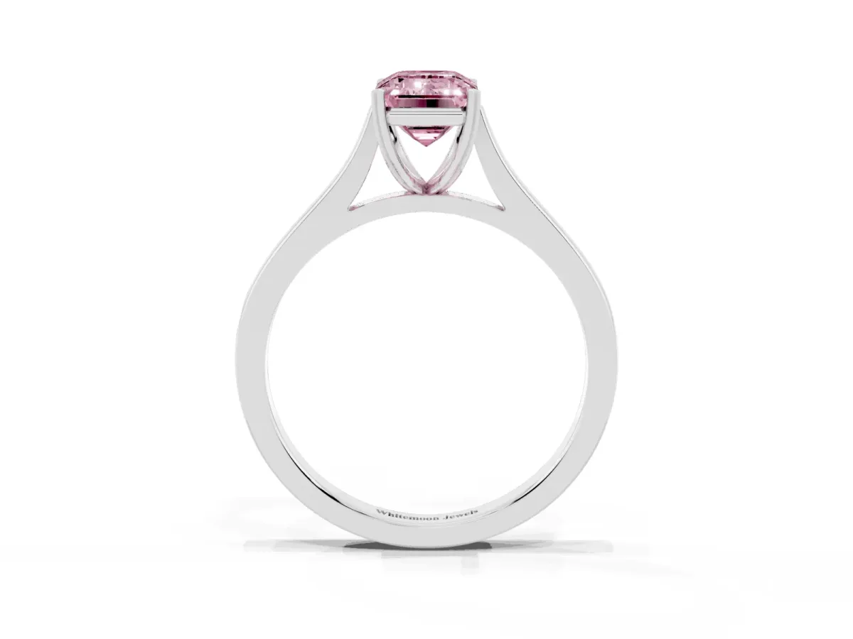 Fancy Pink Emerald Cut Solitaire Heart Prong Engagement Ring with Tapered Band White gold