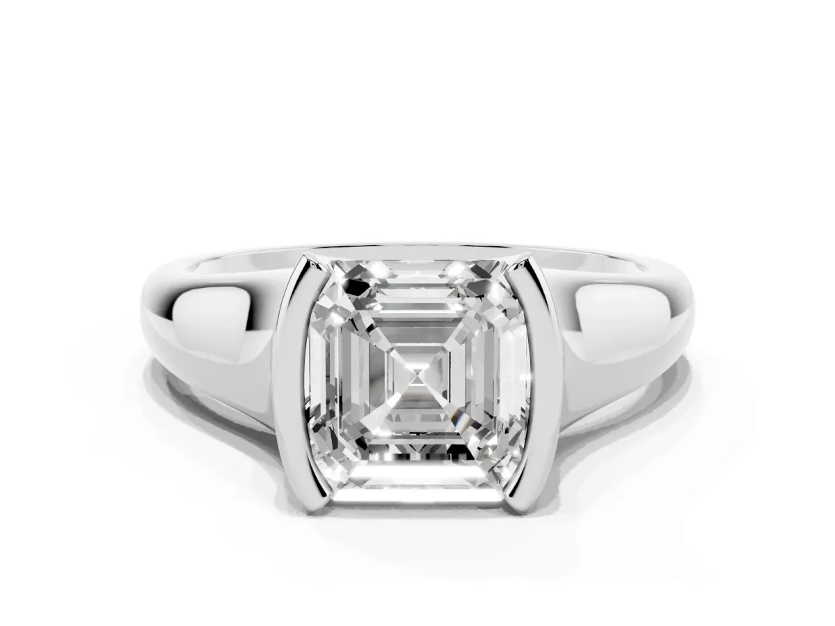 Asscher Cut Solitaire Tension Set Diamond Ring with Split Shank Band Silver