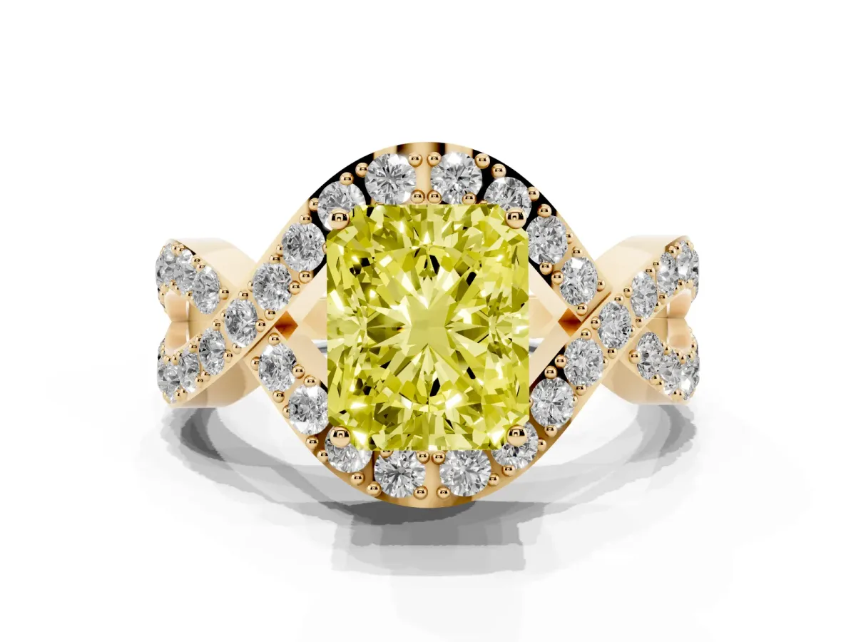 Fancy Yellow Radiant Cut Solitaire Twist Band Pavé Diamond Engagement Ring Yellow gold