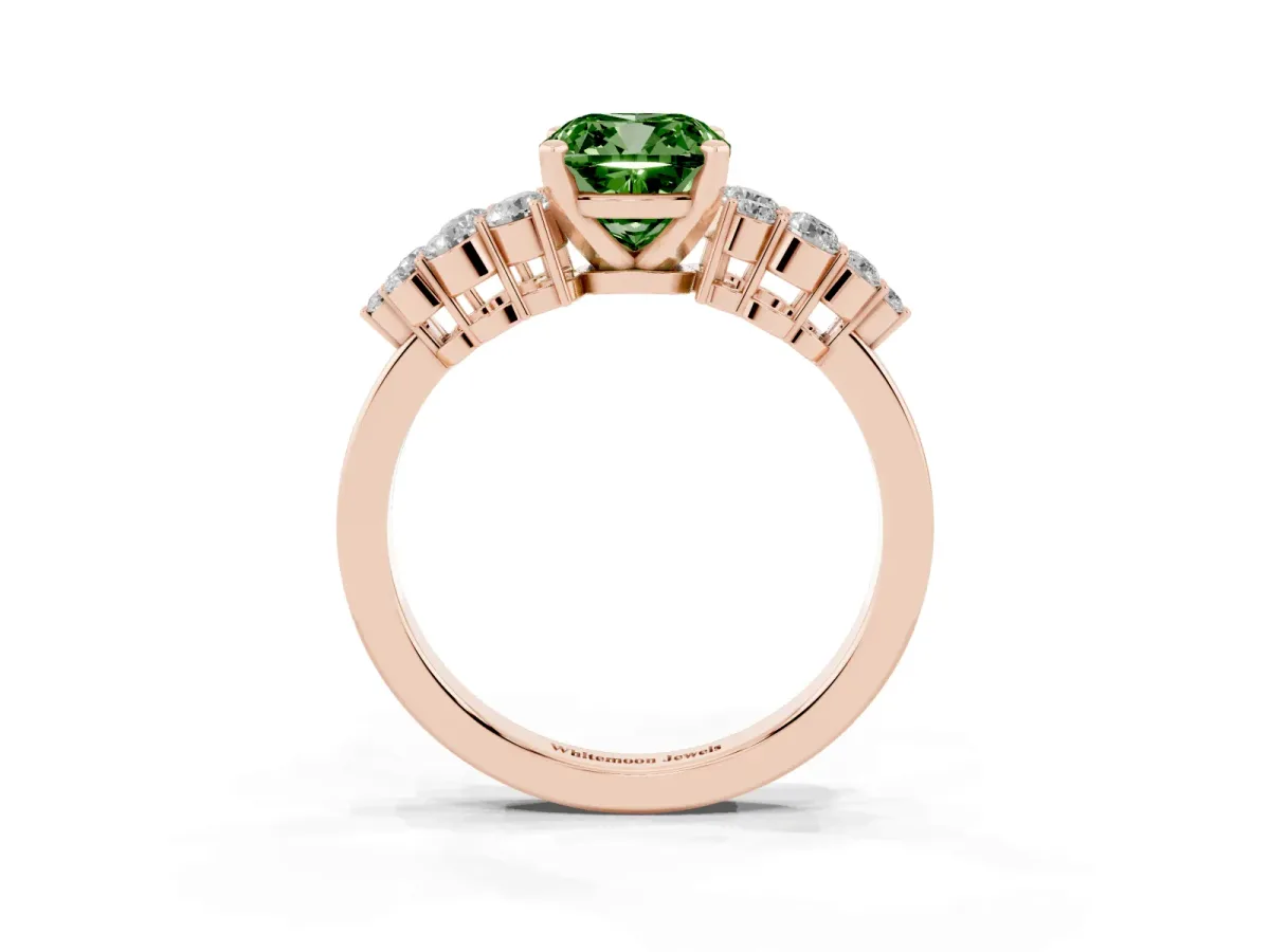 Fancy Green Cushion Cut Cluster Diamond Engagement Ring with Pavé Band and Four-Prong Setting Rose gold