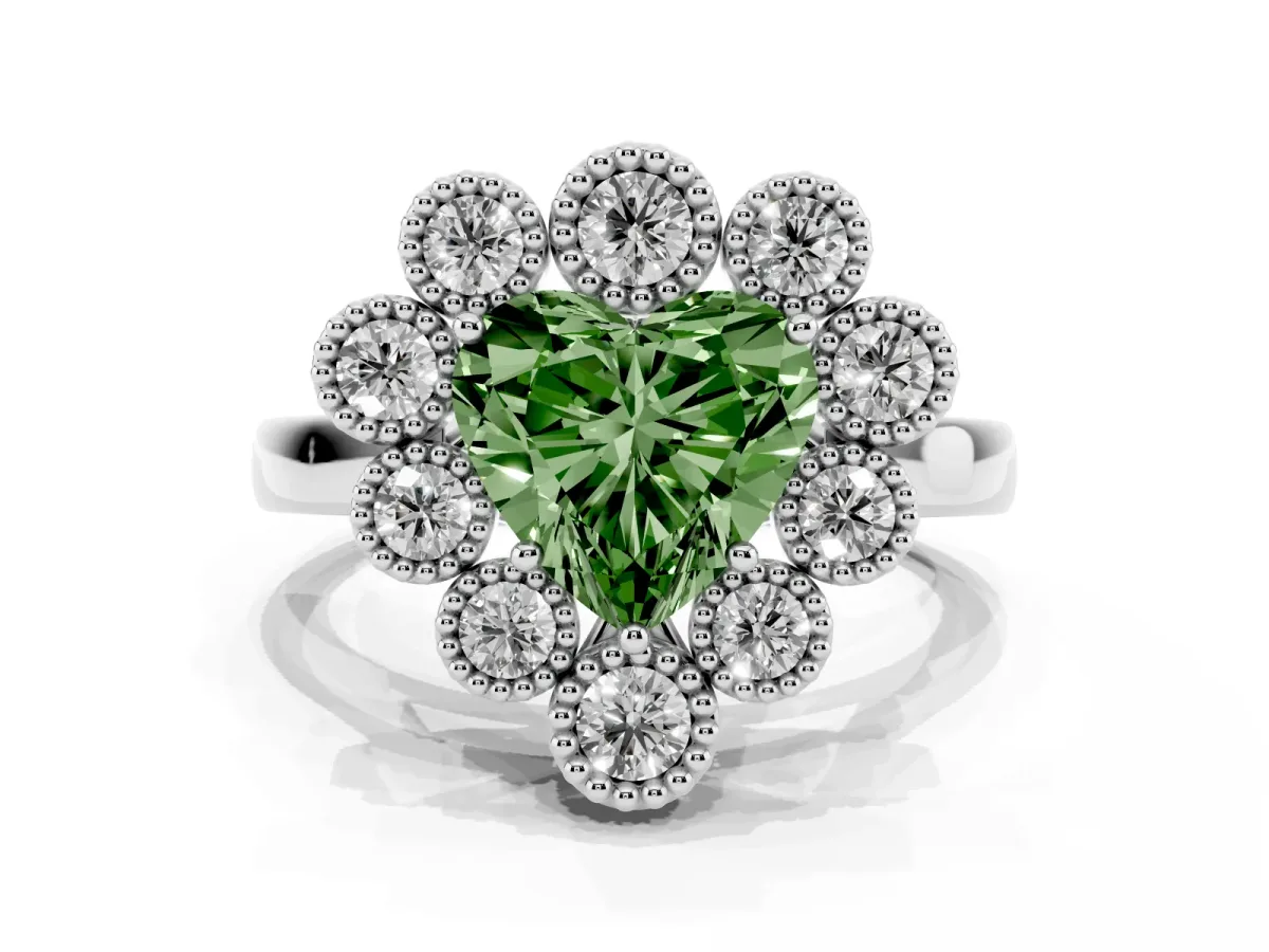 Fancy Green Heart Cut Halo Diamond Cluster Engagement Ring with Milgrain Bezel Setting and Solitaire Band White gold