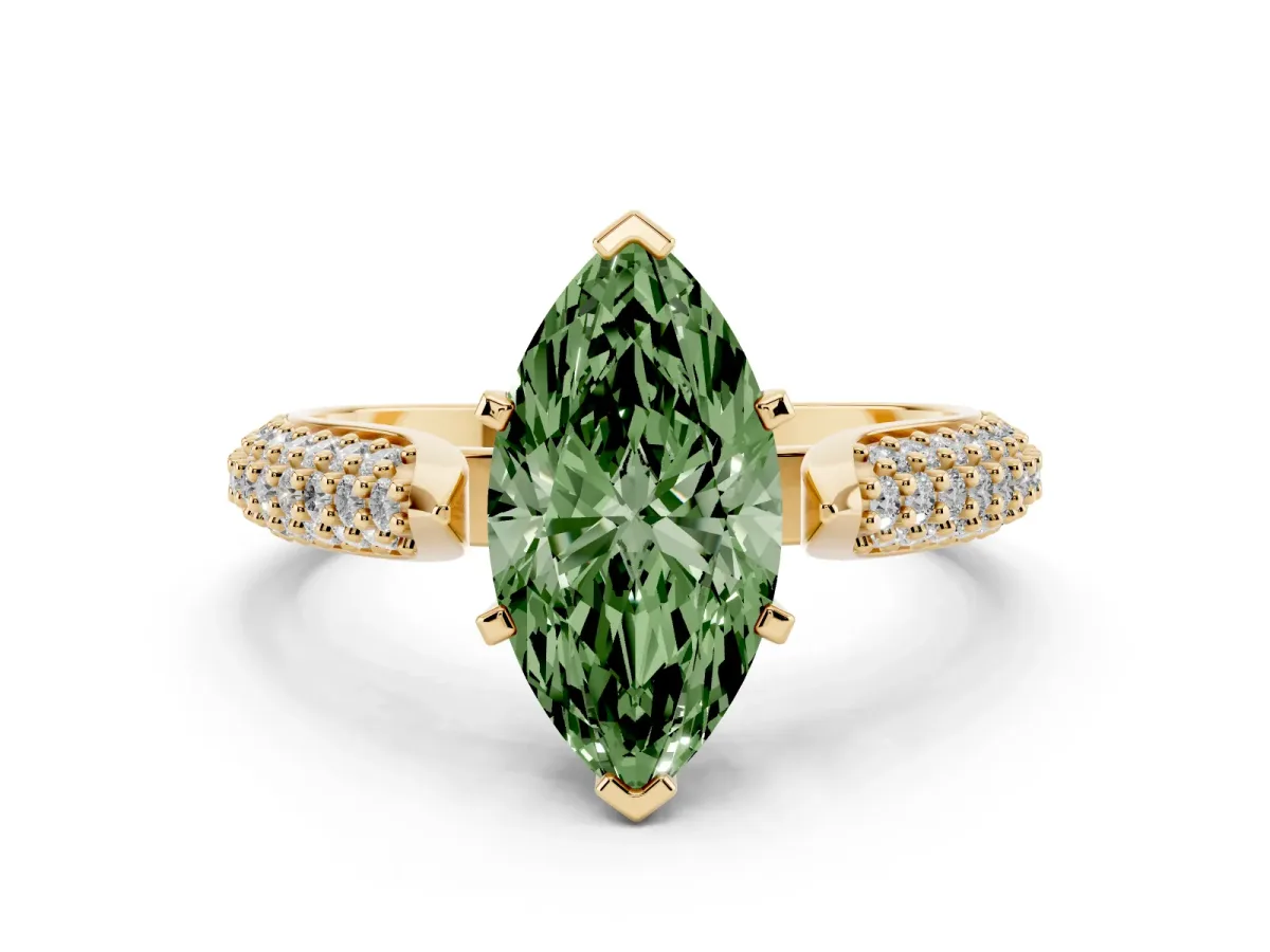 Fancy Green Marquise Cut Diamond Solitaire Engagement Ring with Multi-Row Round Pavé Band and Prong Setting Yellow gold