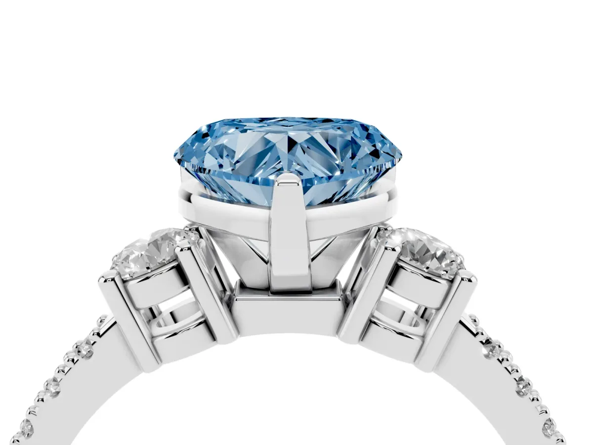 Fancy Blue Heart Cut Three-Stone Diamond Pavé Band with Prong Setting Platinum
