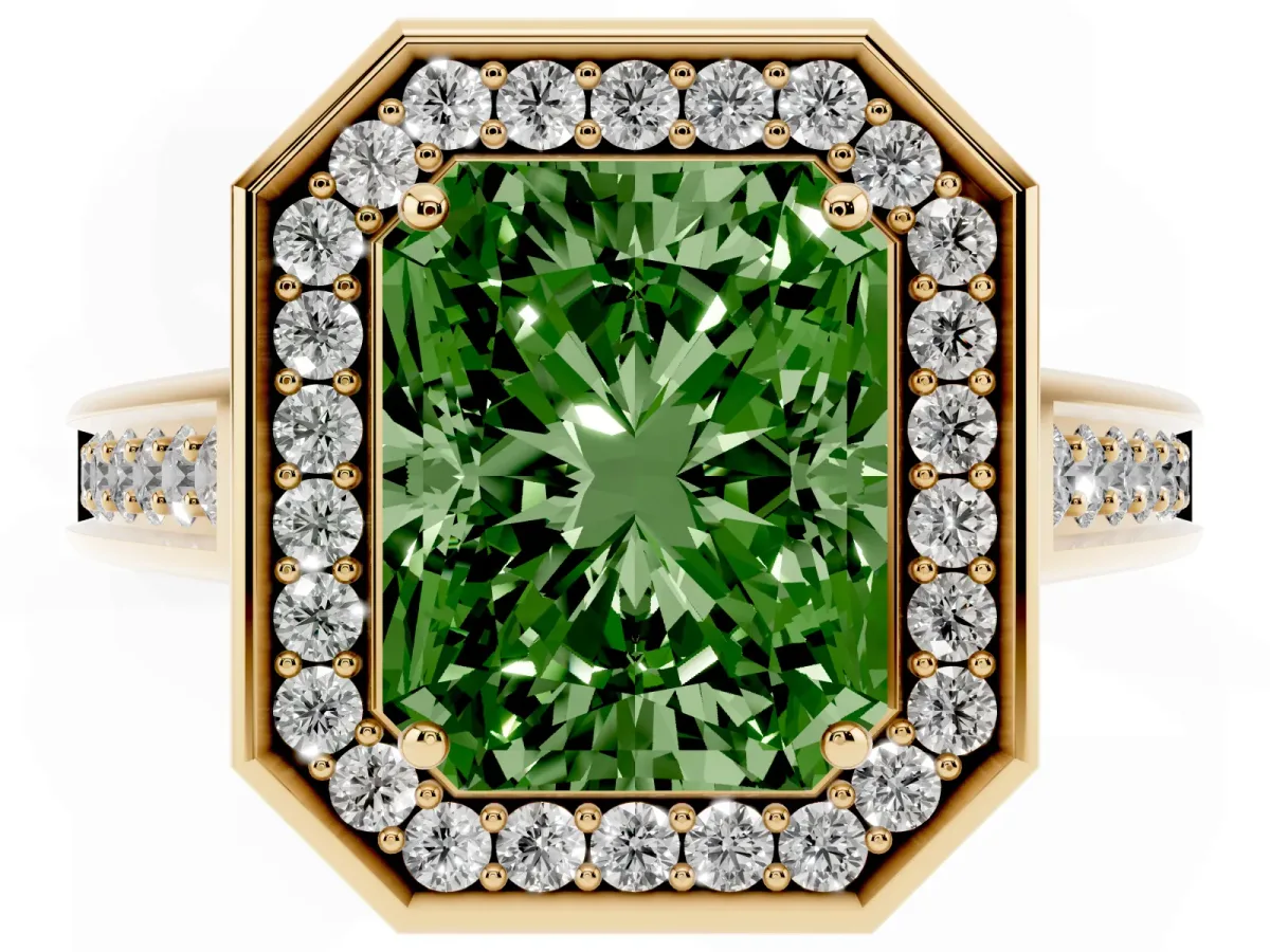 Fancy Green Radiant Cut Halo Solitaire Diamond Ring with Pave Band and Bezel Setting Yellow gold