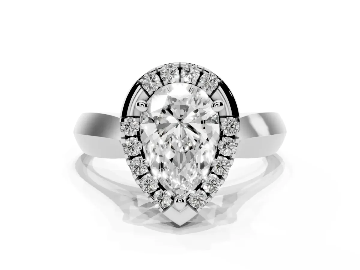 Pear Cut Cut Halo Solitaire Engagement Ring with Square Band and Four-Prong Setting Platinum