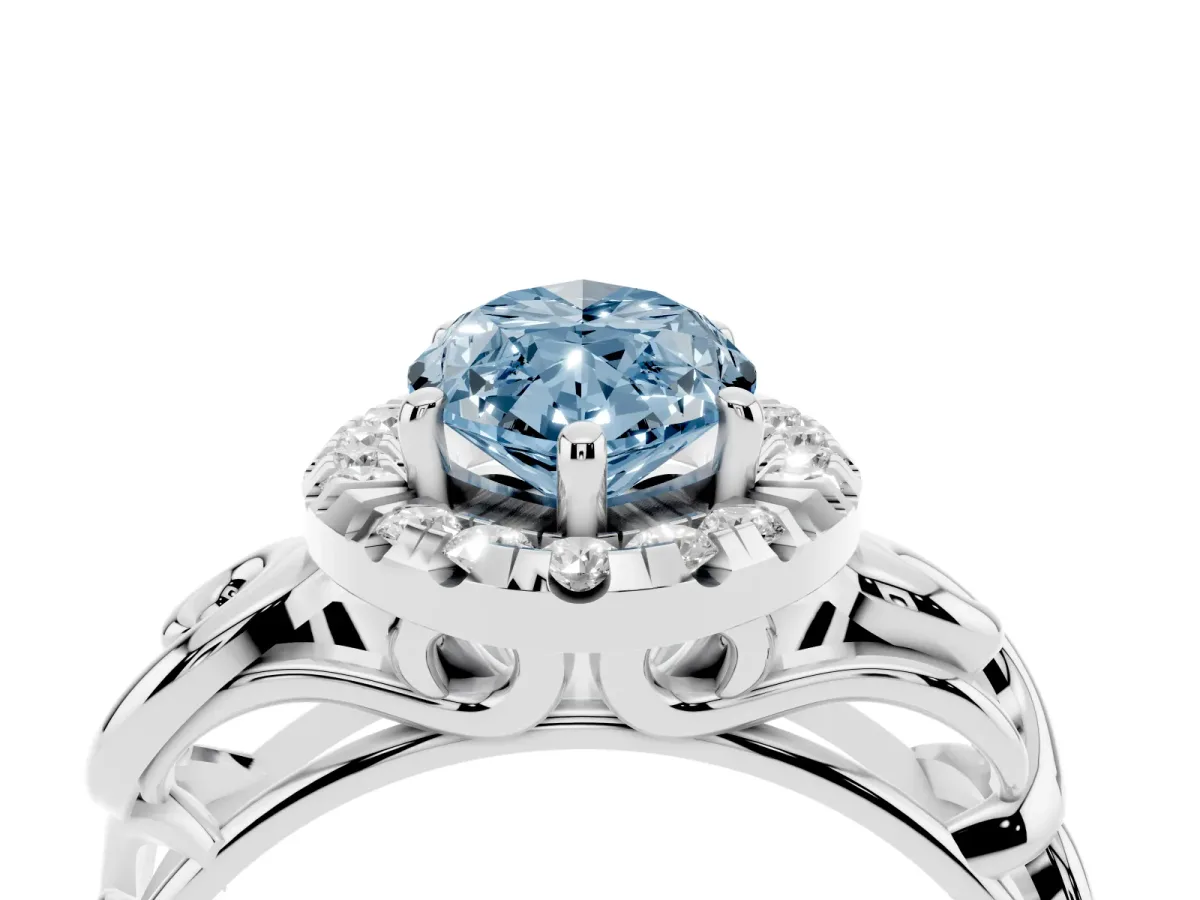 Fancy Blue Marquise Cut Cut Halo Diamond Ring with Scrollwork Band and Four-Prong Setting Silver