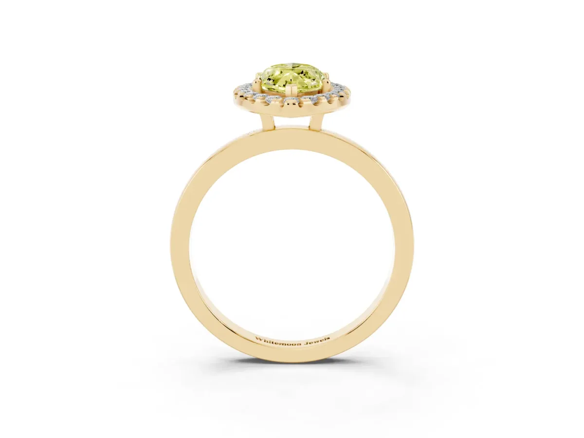 Fancy Yellow Marquise Cut Halo Diamond Solitaire with Pavé Band and Four-Prong Setting Yellow gold