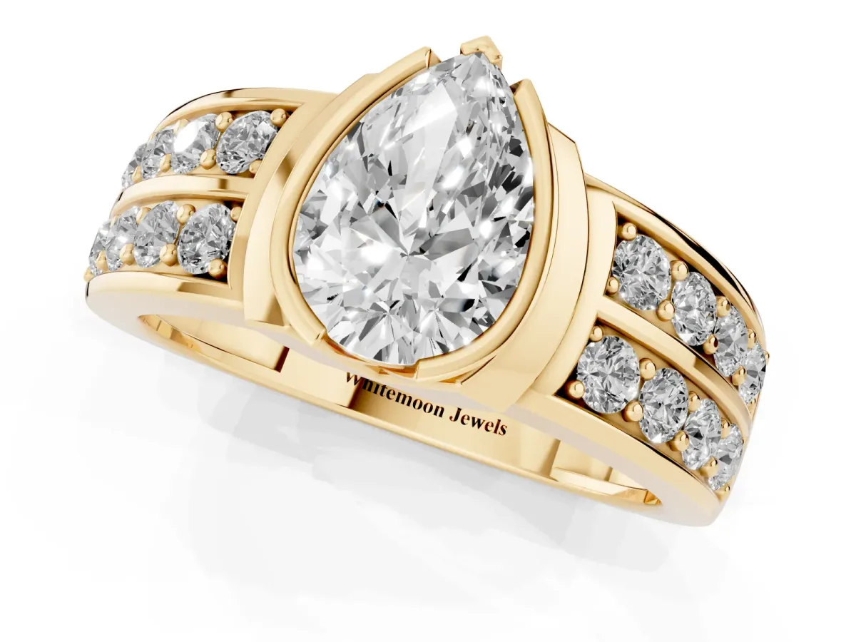 Pear Cut Brilliant Diamond Channel Set Wide Band Ring with Bezel Setting Yellow gold