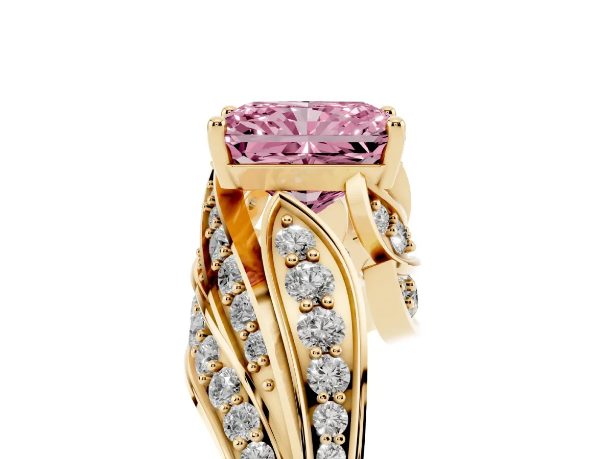 Fancy Pink Radiant Cut Diamond Solitaire Ring with Prong Setting and Twisted Pavé Band Yellow gold