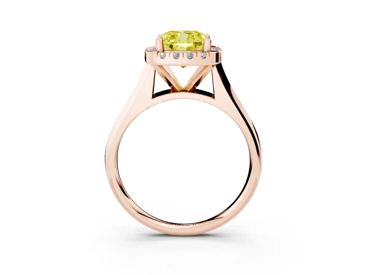 Fancy Yellow Cushion Cut Cut Halo Solitaire Engagement Ring with Square Band and Four-Prong Setting Rose gold
