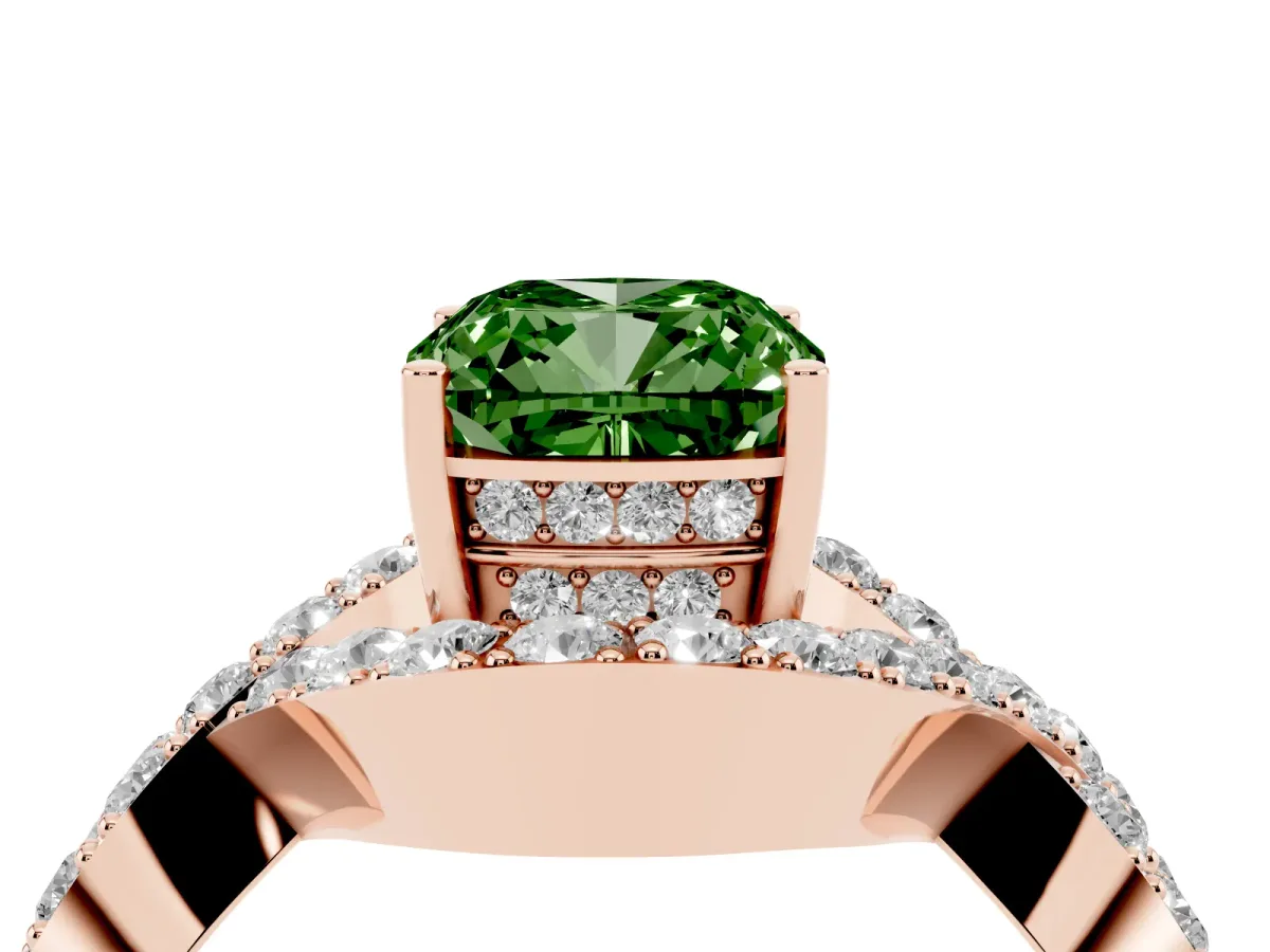 Fancy Green Cushion Cut Solitaire Twist Band Pavé Diamond Engagement Ring Rose gold