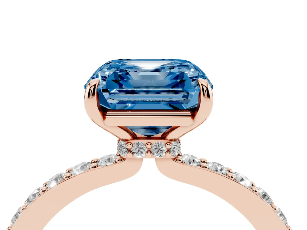 Fancy Blue Asscher Cut Diamond Pavé Engagement Ring with Round Accents and Prong Setting Rose gold