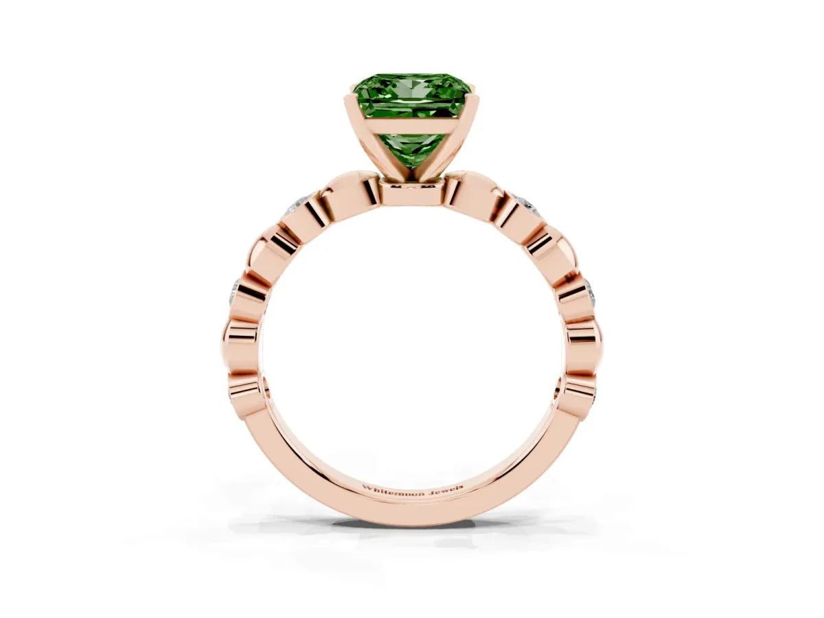 Fancy Green Princess Cut Solitaire Bezel-Set Diamond Ring with Beaded Band and Four-Prong Setting Rose gold