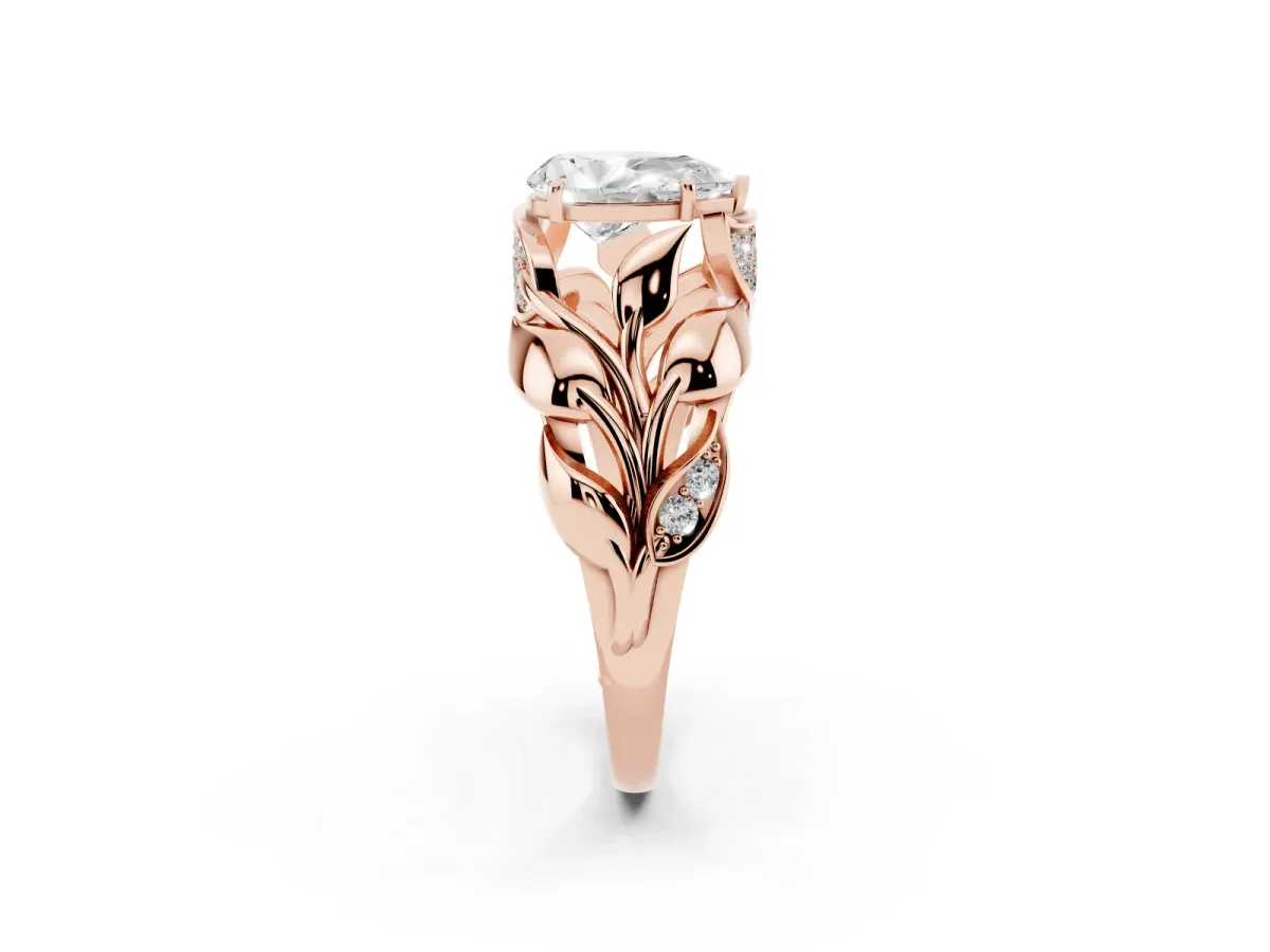 Pear Cut Diamond Leaf-Inspired Engagement Ring with Round Accents and Prong Setting Rose gold