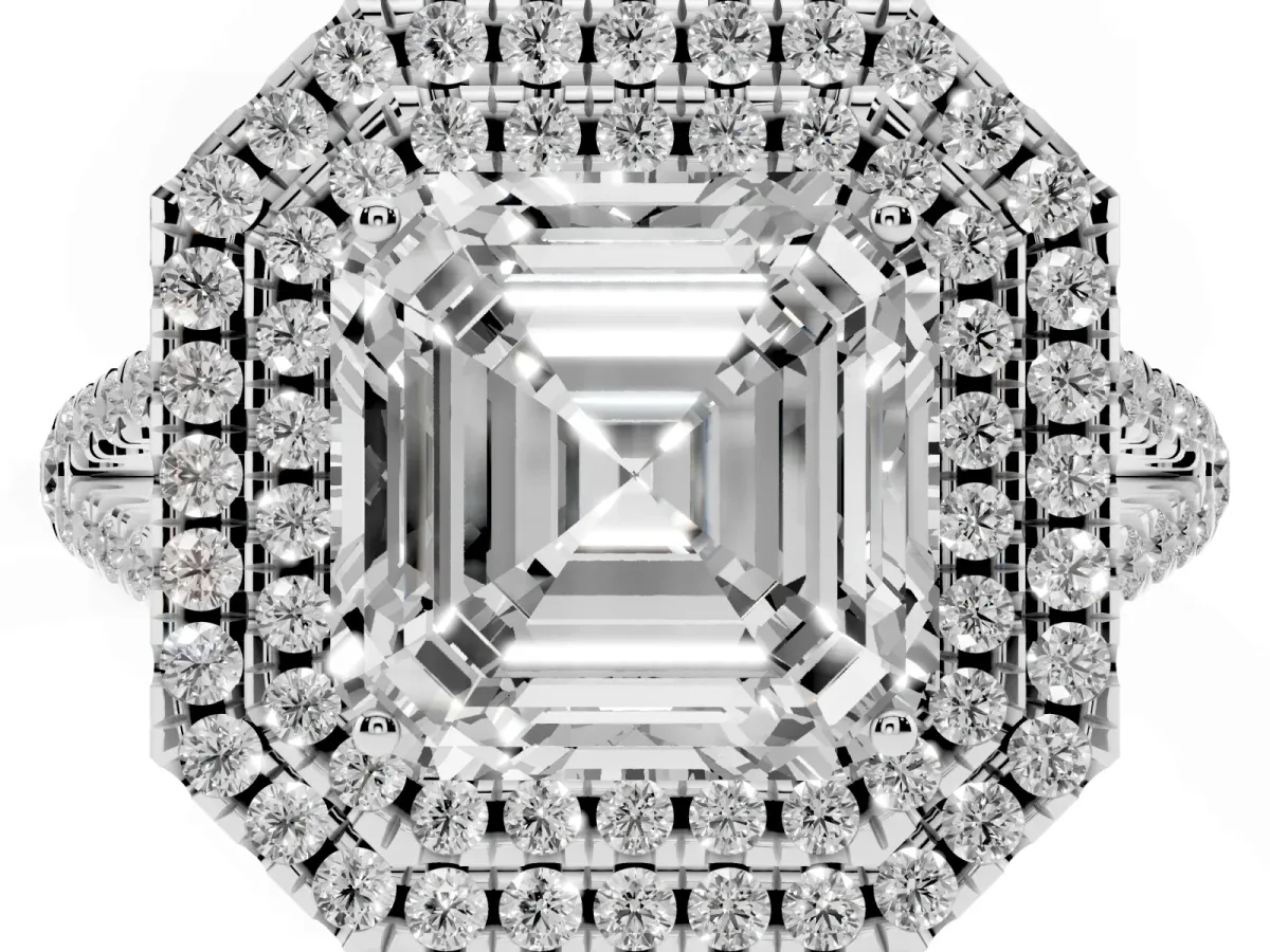 Asscher Cut Diamond Double Halo Ring with Pavé Band and Prong Setting Silver
