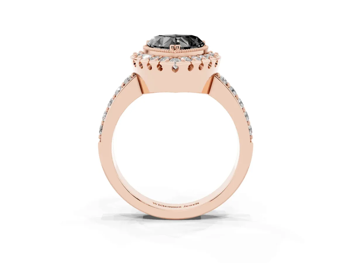 Fancy Black Heart Cut Diamond Halo Ring with Pavé Band and Prong Setting Rose gold