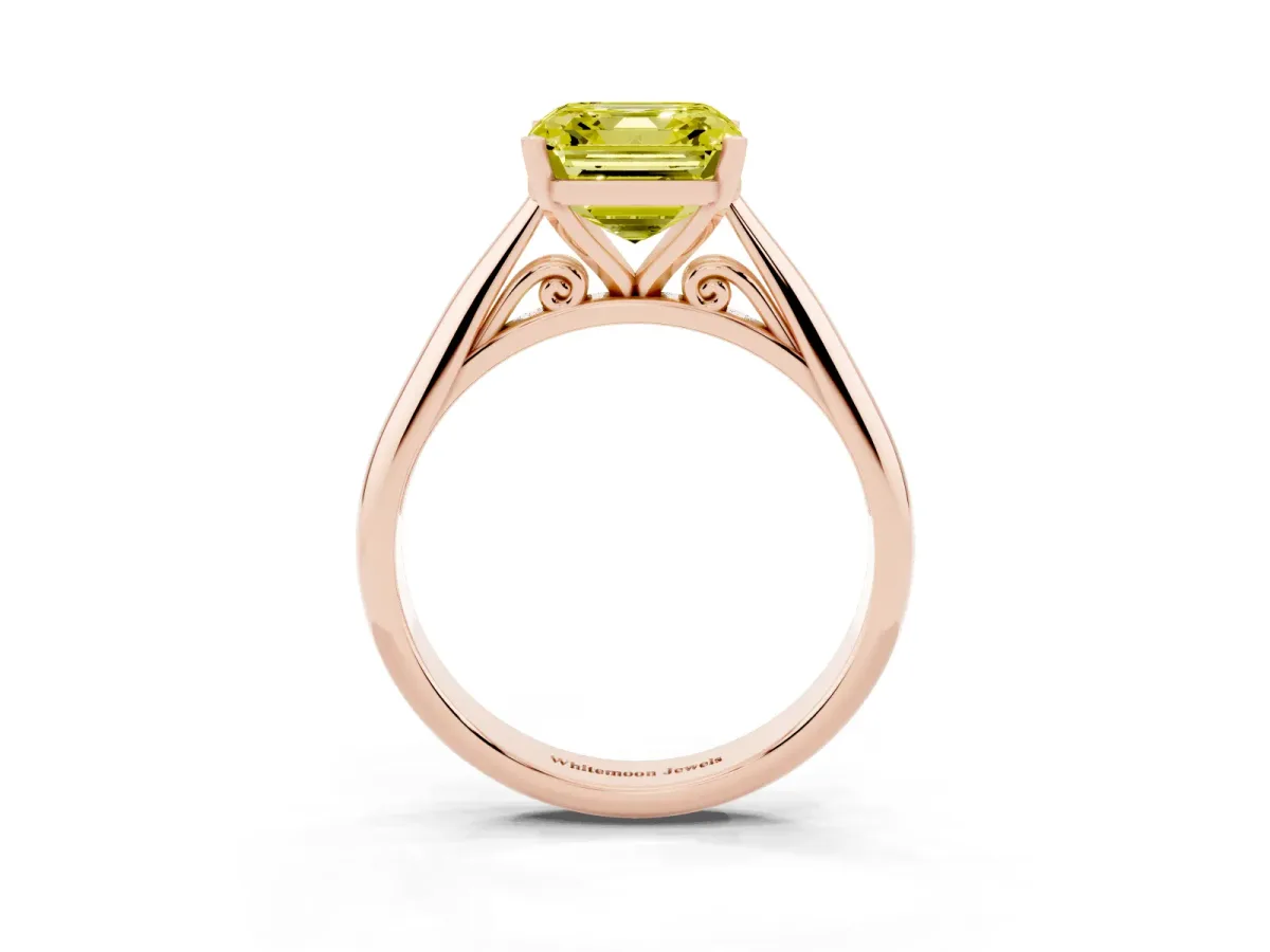 Fancy Yellow Asscher Cut Diamond Solitaire Engagement Ring with Cathedral Setting and Four-Prong Mount Rose gold