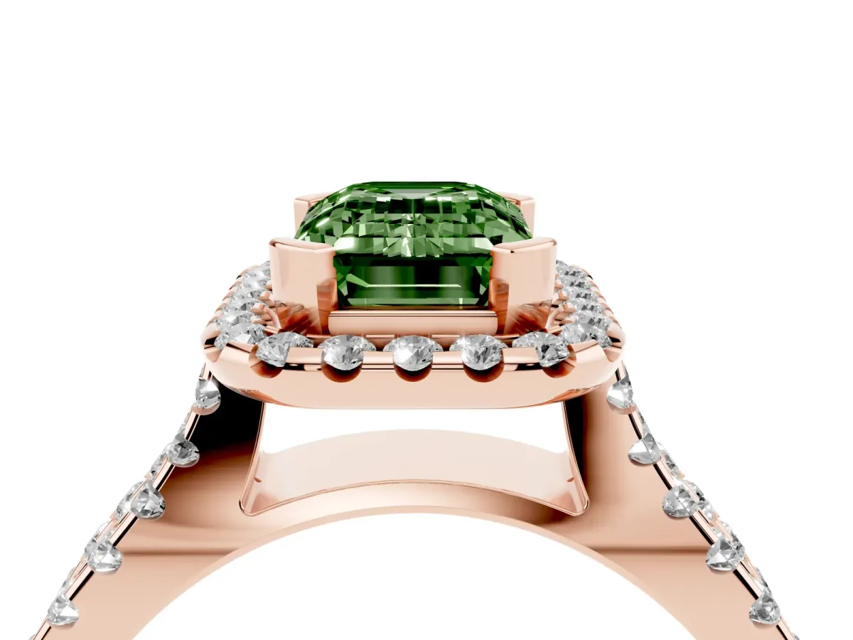 Fancy Green Emerald Cut Diamond Halo Ring with Split Shank Pavé Band and Prong Setting Rose gold