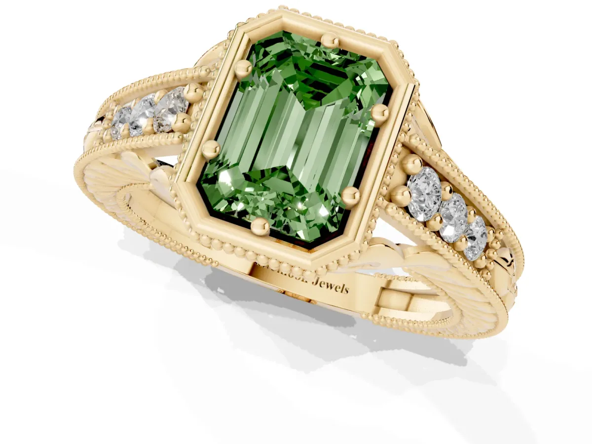 Fancy Green Bezel Set Emerald Cut Diamond Milgrain Pave Engagement Ring Yellow gold