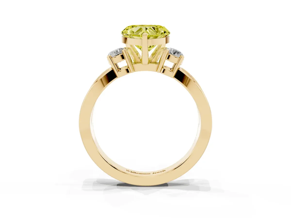 Fancy Yellow Three-Stone Heart Cut Cut Diamond Twist Band with Prong Setting Yellow gold