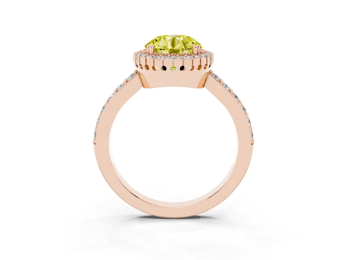 Fancy Yellow Round Cut Cut Diamond Halo Engagement Ring with Milgrain Detail and Pavé Band Rose gold