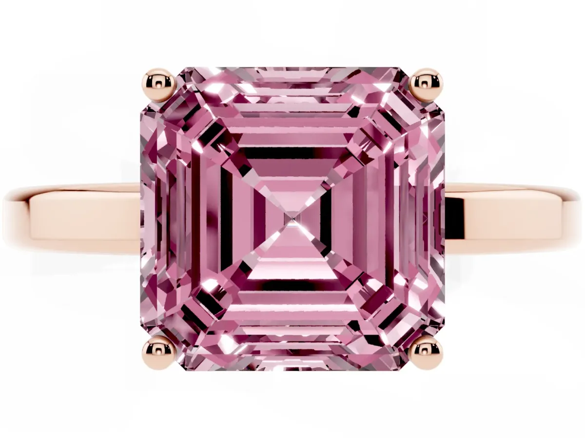 Fancy Pink Asscher Cut Cut Solitaire Engagement Ring with Four-Prong Setting on a Classic Band Rose gold