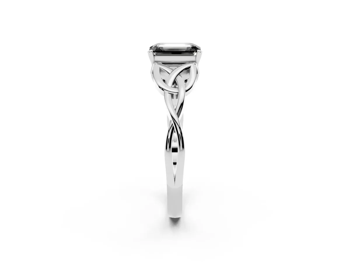 Fancy Black Emerald Cut Diamond Solitaire Engagement Ring with Celtic Knot Band and Four-Prong Setting Silver