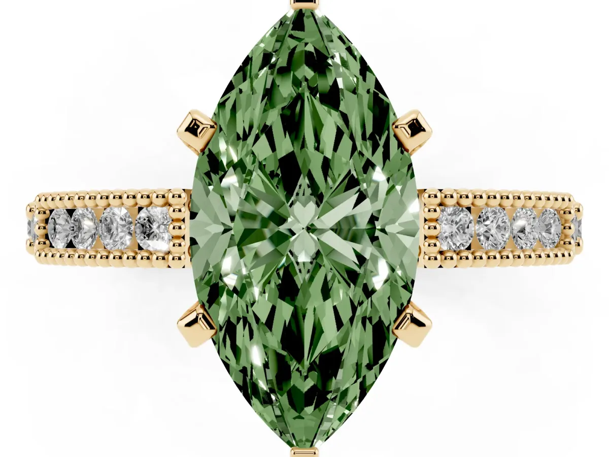 Fancy Green Marquise Cut Solitaire with Pavé Band and Four-Prong Setting Yellow gold