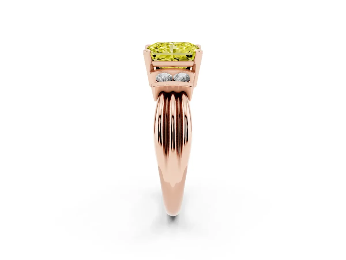 Fancy Yellow Radiant Cut Cut Three-Stone Channel Set Ring with Bar Prongs Rose gold