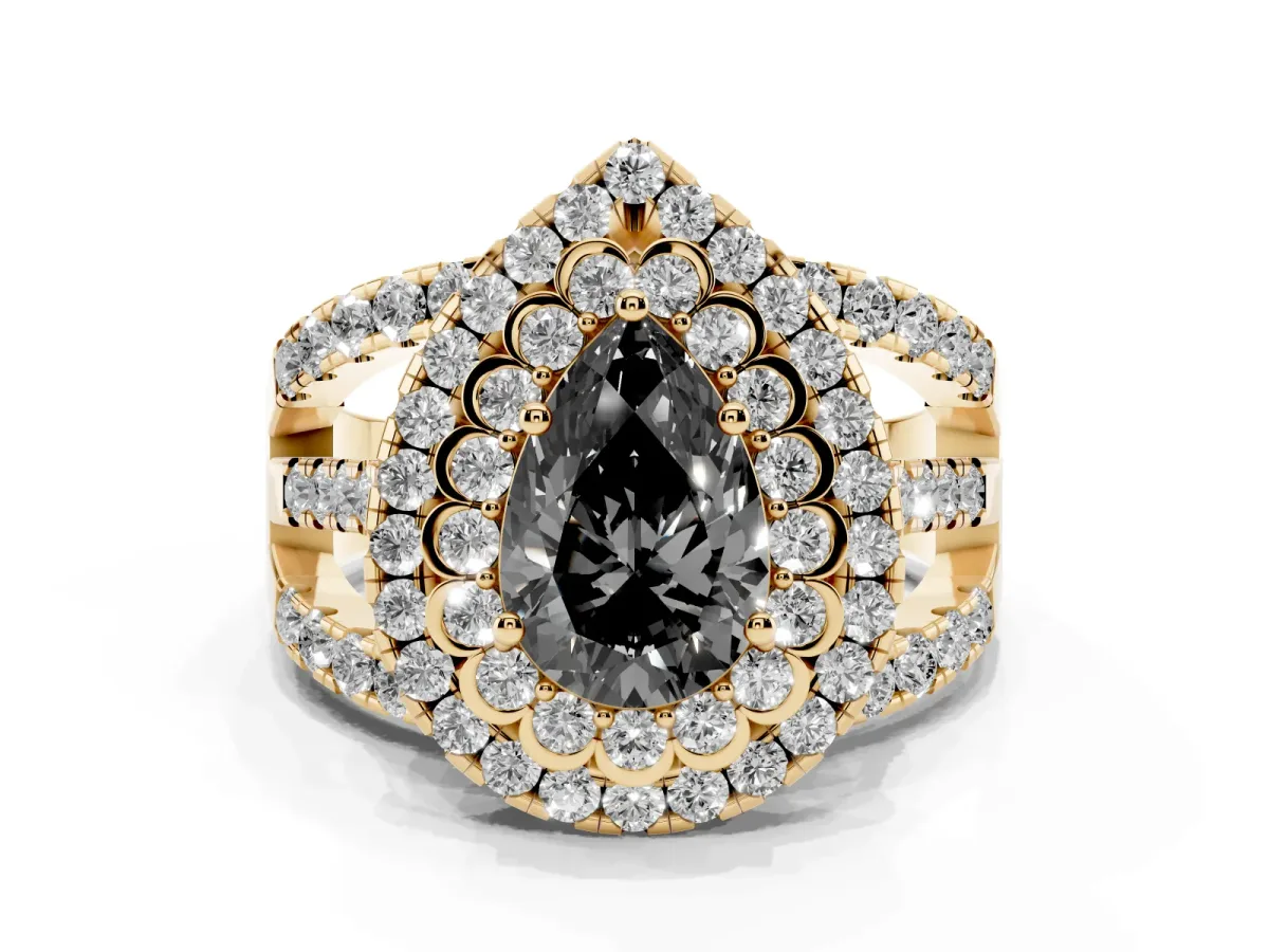 Fancy Black Pear Cut Diamond Double Halo Ring with Round Pavé Split Shank and Prong Setting Yellow gold