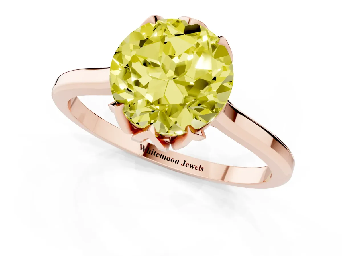 Fancy Yellow Round Cut Diamond Solitaire Ring with Flower Prong Setting and Classic Band Rose gold