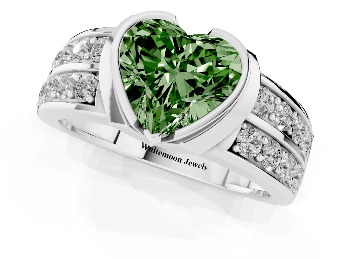 Fancy Green Heart Cut Brilliant Diamond Channel Set Wide Band Ring with Bezel Setting Platinum