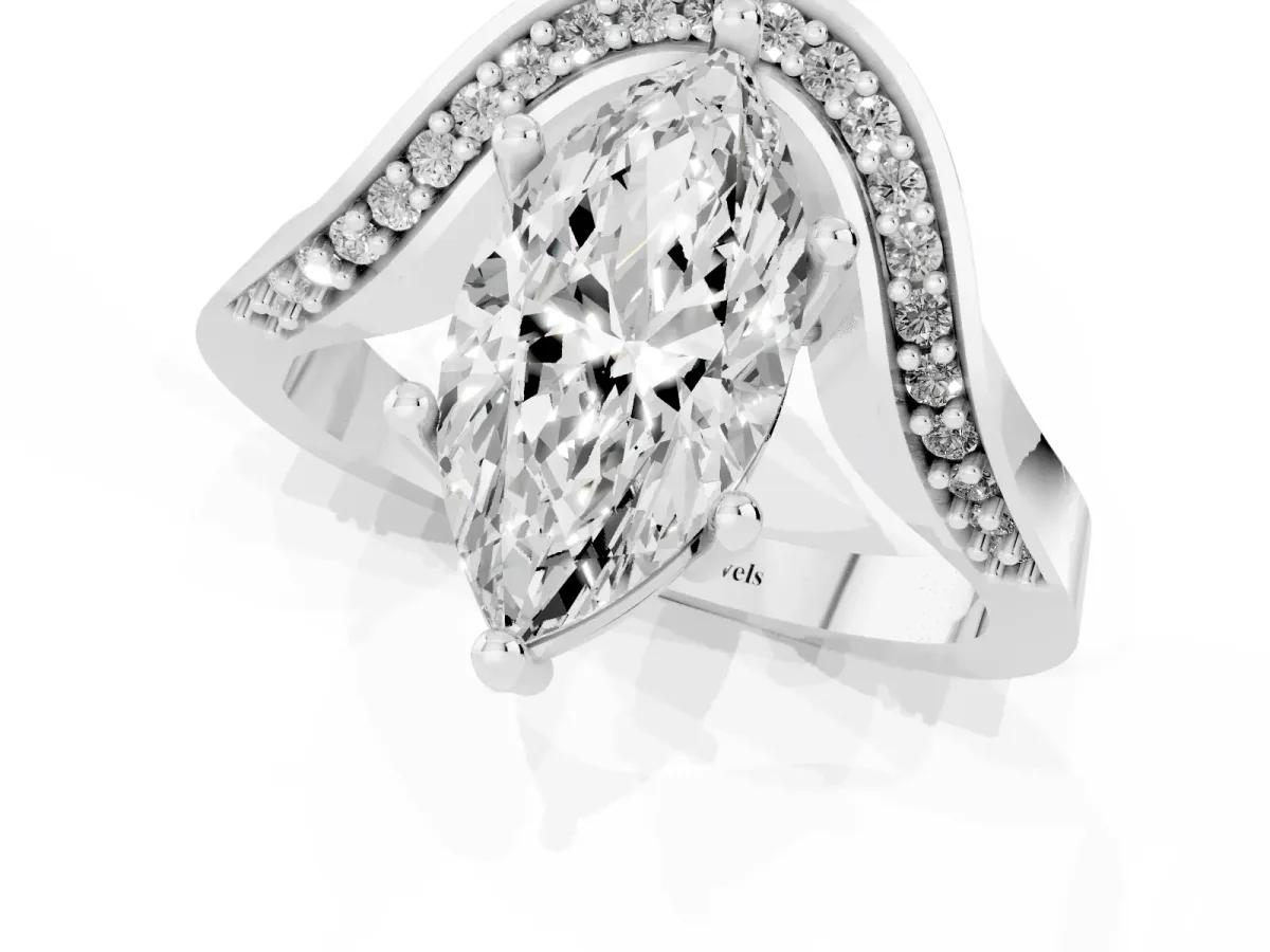 Marquise Cut Solitaire Diamond Engagement Ring with Pave Band and Four-Prong Setting Platinum