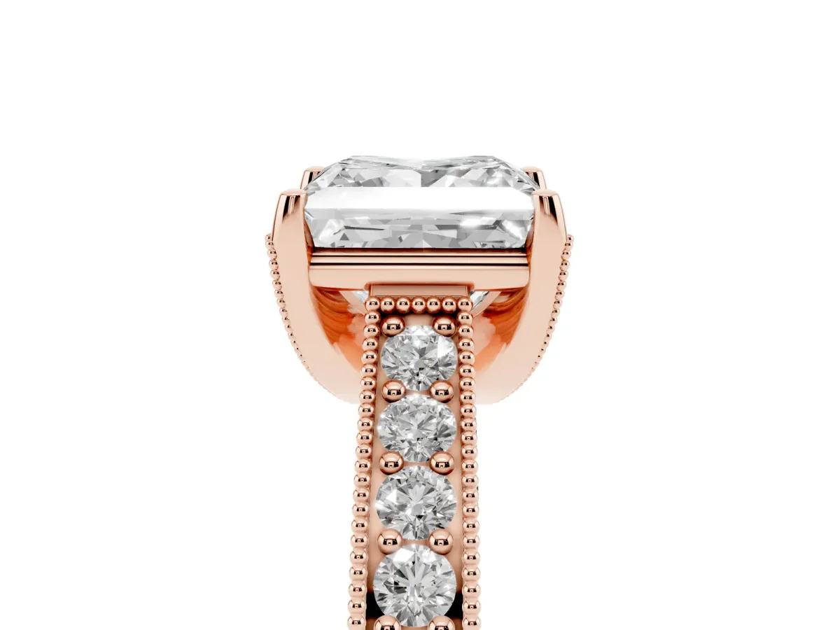 Princess Cut Cut Diamond Solitaire Ring with Milgrain Pave Band and Four Prong Setting Rose gold
