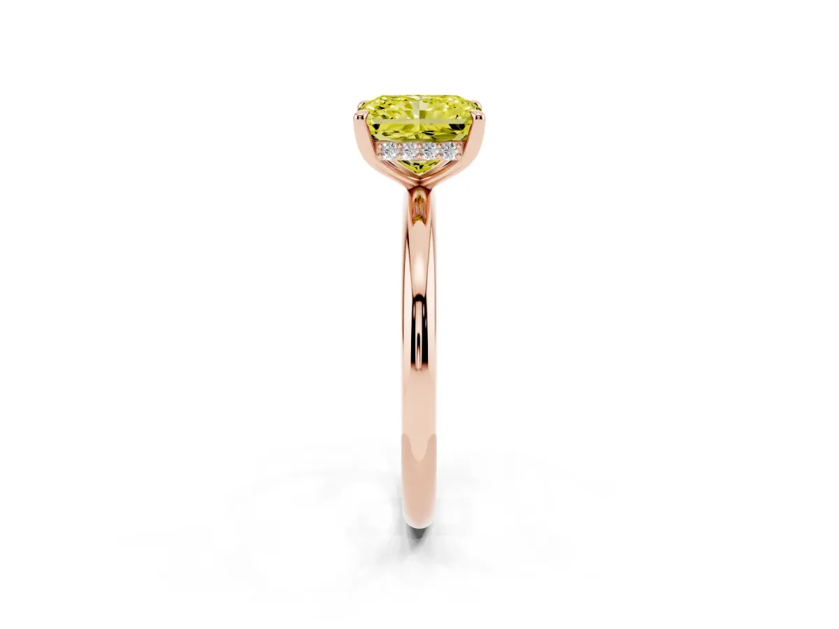 Fancy Yellow Radiant Cut Diamond Solitaire Ring with Thin Band and Four-Prong Setting Rose gold