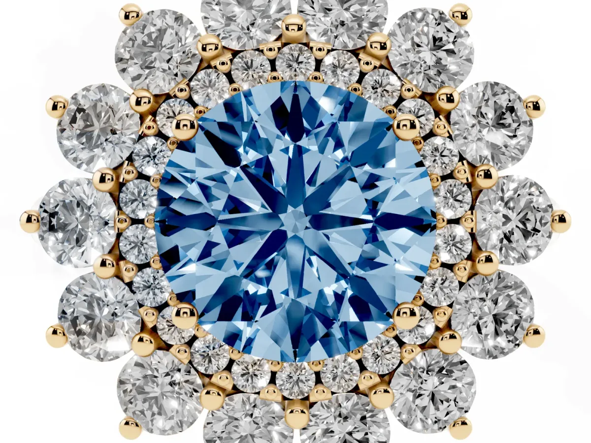 Fancy Blue Round Cut Diamond Floral Double Halo Engagement Ring with Prong Setting Yellow gold