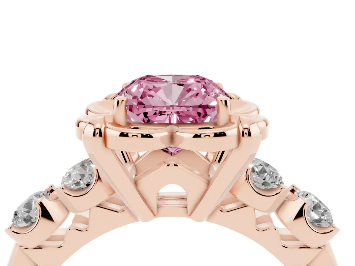 Fancy Pink Cushion Cut Cut Diamond Floral Halo Engagement Ring with Shared Prong Setting Rose gold