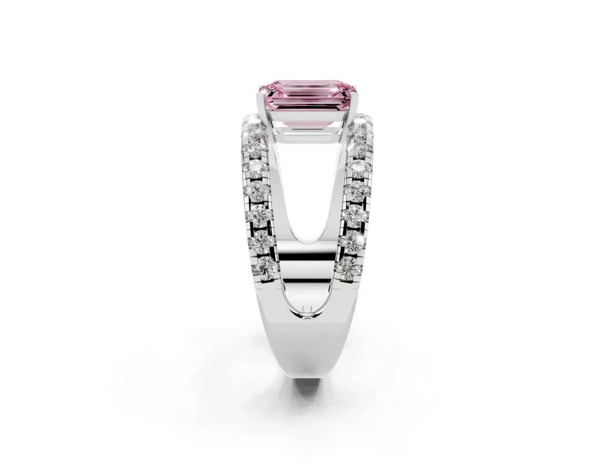Fancy Pink Emerald Cut Solitaire Split Shank Pave Diamond Ring Silver
