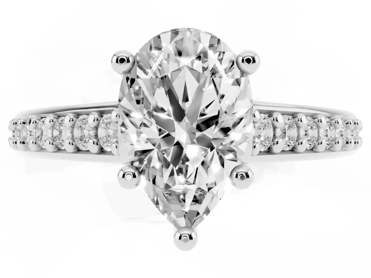 Pear Cut Solitaire Prong Set Diamond Engagement Ring with Pave Band Silver