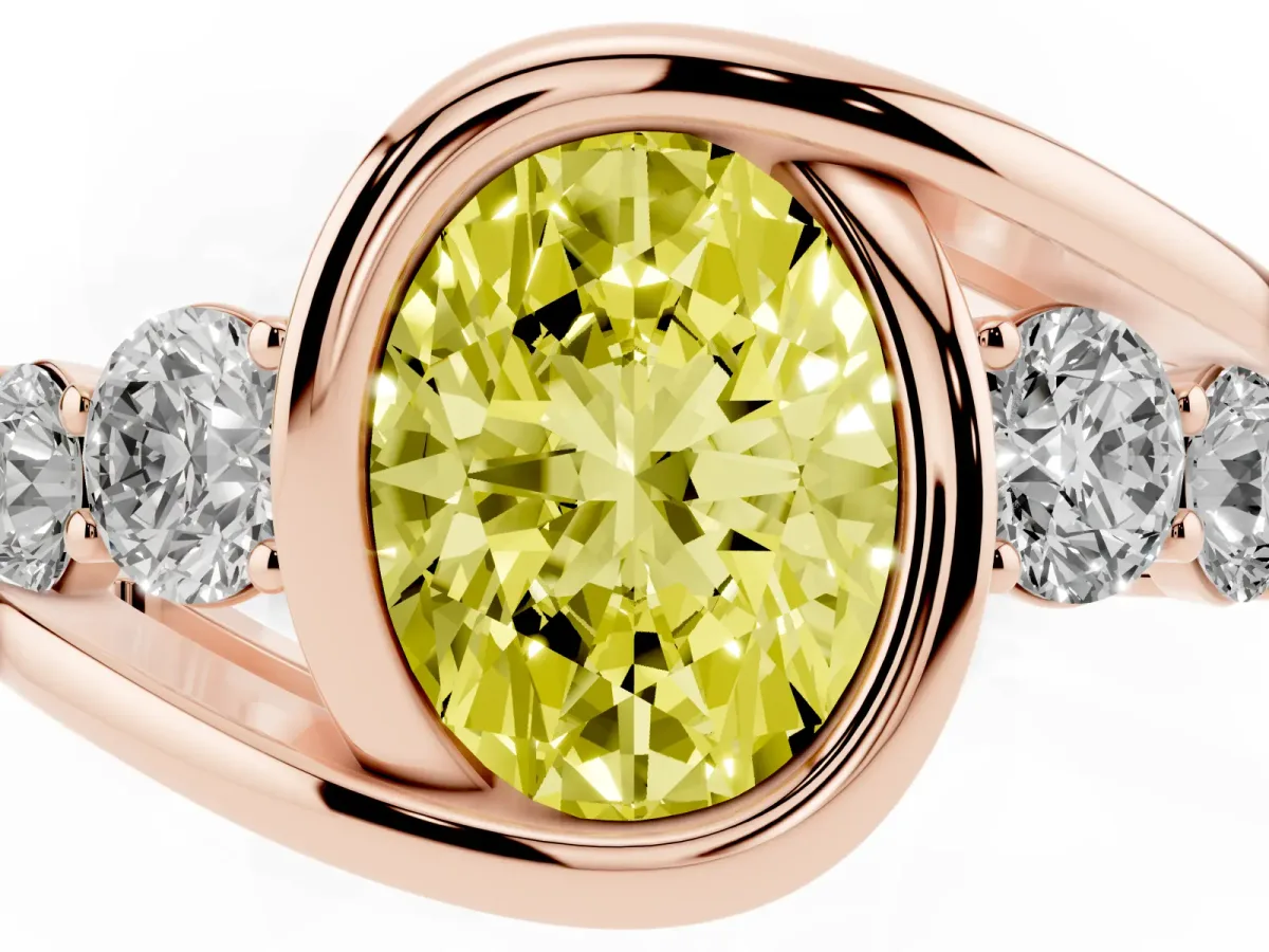 Fancy Yellow Bezel Set Oval Cut Diamond Bypass Ring with Round Accents Rose gold