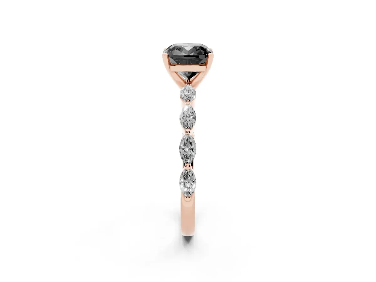 Fancy Black Cushion Cut Diamond Ring with Marquise Side Stones and Prong Setting Rose gold