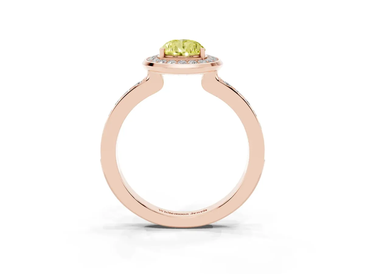 Fancy Yellow Pear Cut Diamond Halo Ring with Bezel Frame and Pavé Band Rose gold